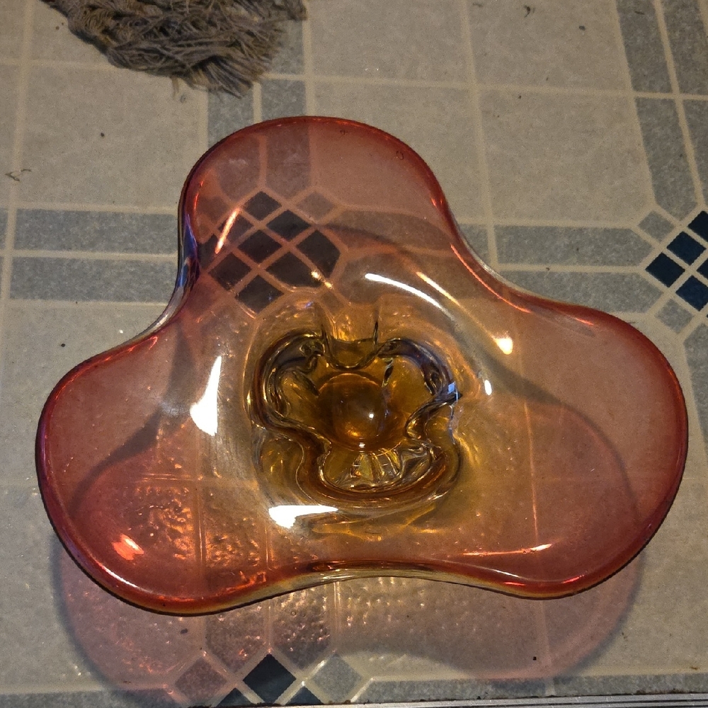 Elegant Amber and Red Glass Bowl Murano  Mid Century Modern